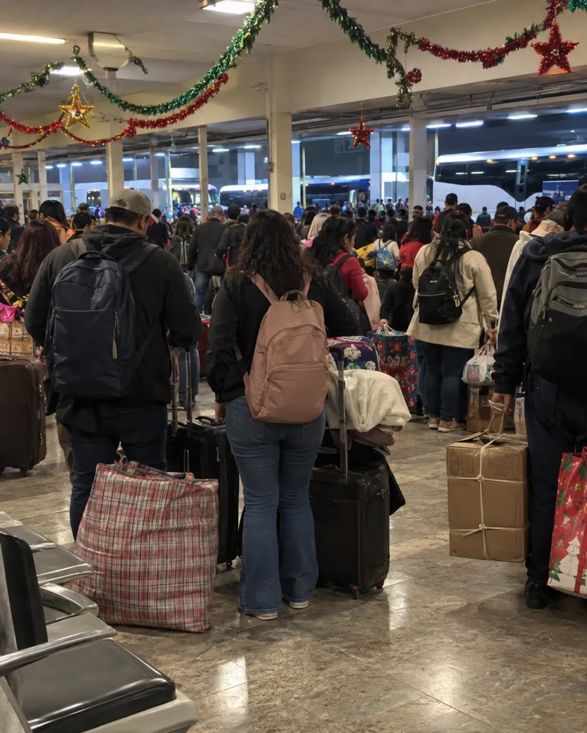 Central de autobuses llena en diciembre: gente de espaldas con maletas, costales y cajas amarradas con mecate, bajo guirnaldas navideñas rojas y verdes.