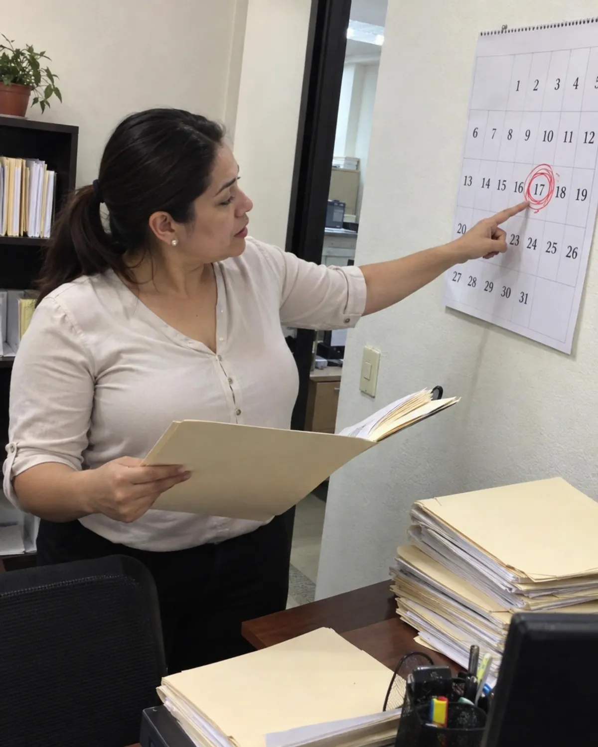 Encargada de trámites de una notaría, con un expediente abierto en la mano, señalando un calendario de pared con el día 17 encerrado en rojo.